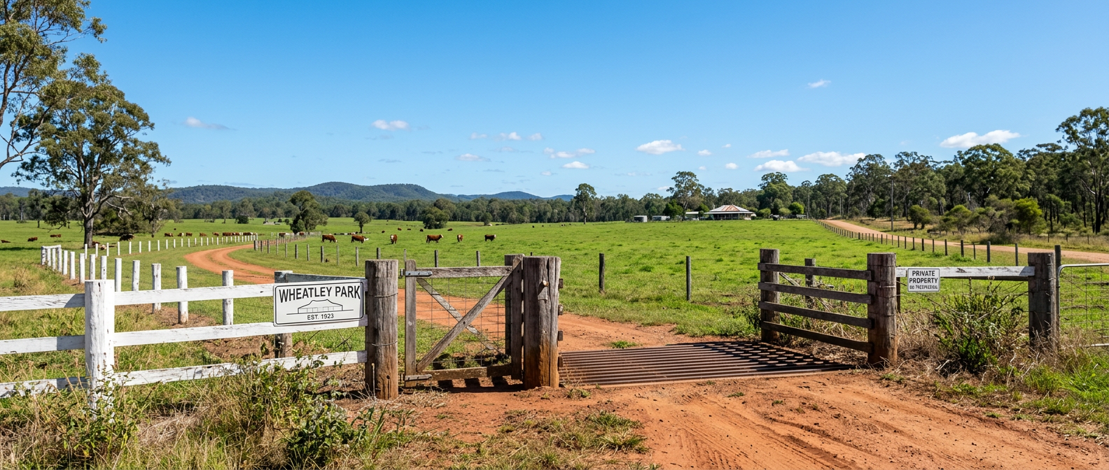 Australian rural property gate and fenceline opening onto sunlit paddocks