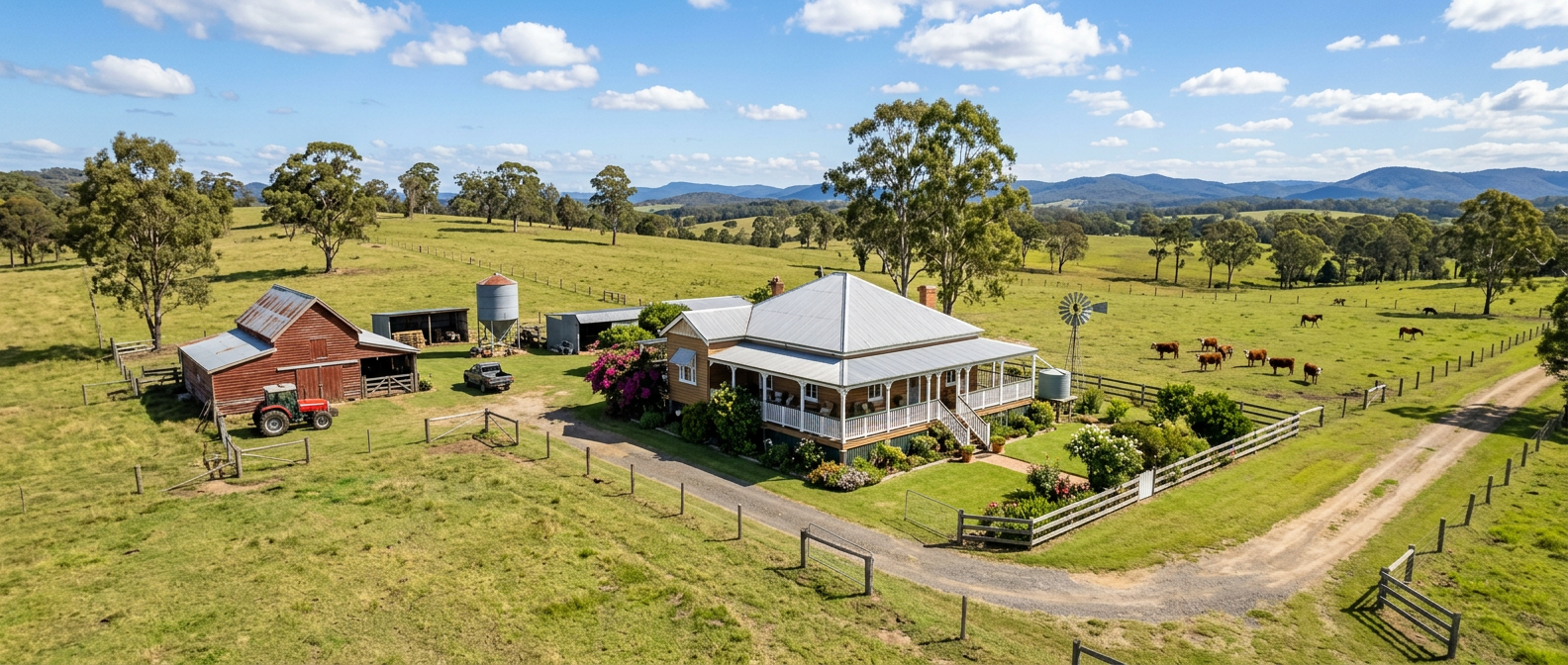 Queensland rural homestead surrounded by open grazing country